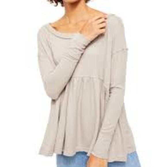 Free People Forever Your Girl Babydoll Scoop Neck Textured Long Sleeve Top Small - Picture 1 of 5